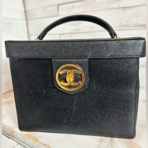 CHANEL VINTAGE Black Caviar Leather Top Handle Vanity Bag with Gold CC Medallion